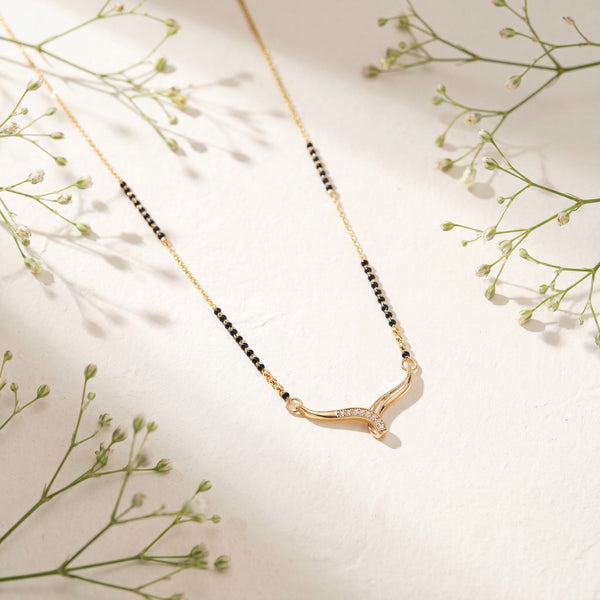 KZ Gold Plated Curved Horn CZ Mangalsutra for Women Black Bead Chain Abstract Wave Pendant FS