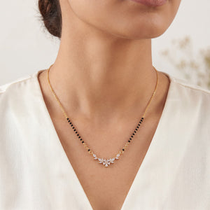 KZ Gold Plated Floral Cluster CZ Mangalsutra for Women Black Bead Chain Marquise Flower Pendant FS