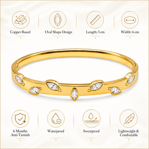 Real Oval Marquise White Stone Gold Oval Kada for Women | Bezel Set Crystal Stainless Steel Ladies Bangle | Classic White Stone Jewellery