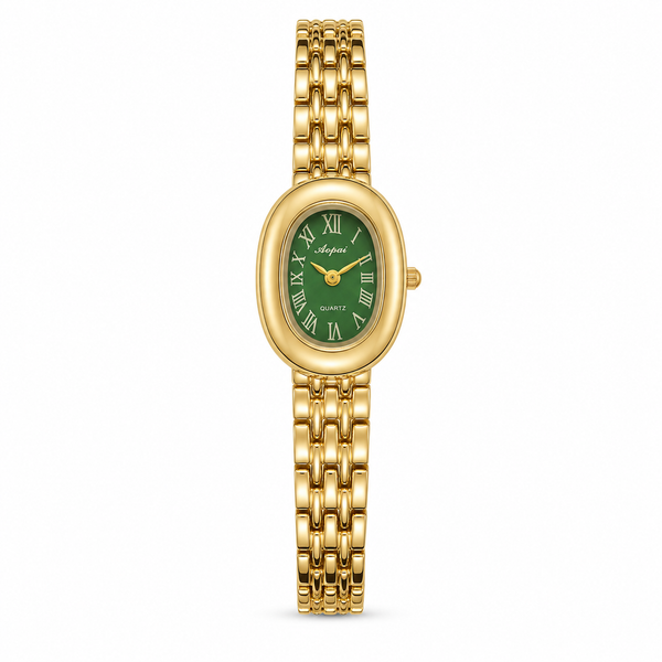 Watches Gold-Tone Oval Green Dial Roman Numeral Bracelet Watch for Women
