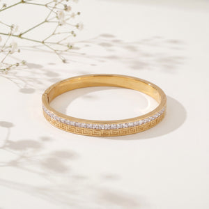 Greek Key Maze Slim Baby Kada Bangle | Gold Plated Engraved Vintage Stackable Bracelet for Women