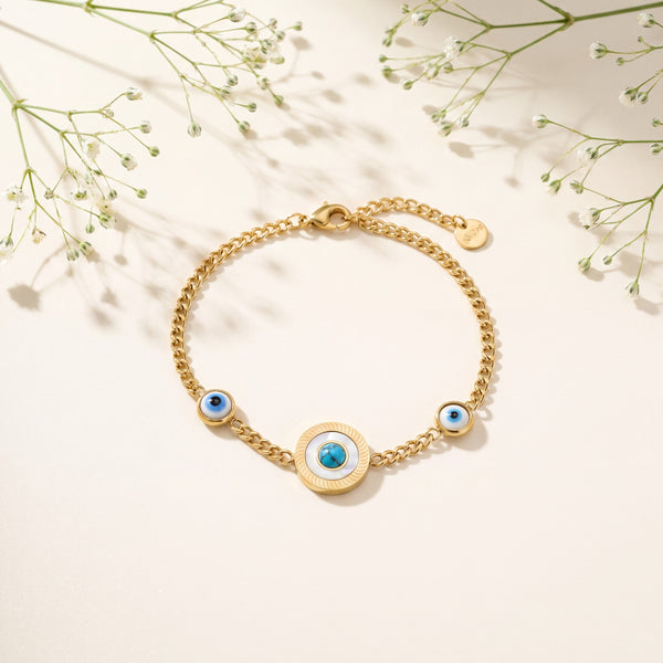 Gold Plated Chain Bracelet with Blue Evil Eye Bead Stations and Central Halo Evil Eye Charm