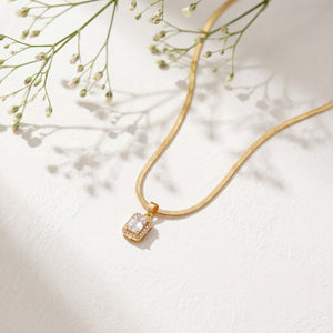 Gold Rectangular Baguette CZ Pendant Snake Chain Anti-Tarnish Necklace