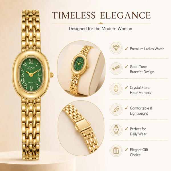 Watches Gold-Tone Oval Green Dial Roman Numeral Bracelet Watch for Women