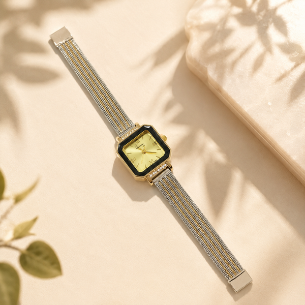Watches Two-Tone Square Dial Black Bezel Mesh Bracelet Watch for Women