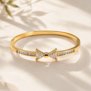 Gold Cluster Diamond Trio Oval Kada for Women | Three Stone Grouping Stainless Steel Ladies Bangle | Statement Festive Jewellery