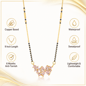 KZ Gold Plated Pink Marquise Flower CZ Mangalsutra for Women Black Bead Chain Floral Cluster Pendant FS