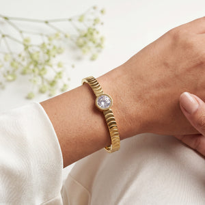 Solitaire CZ Ridged Textured Baby Kada Bangle | Gold Plated Bezel Set Slim Bracelet for Women