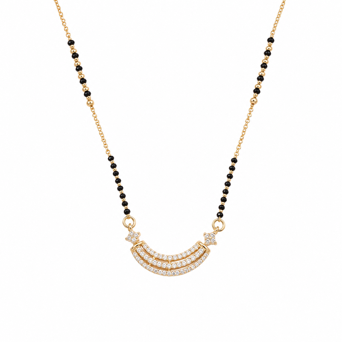 KZ Gold Plated Arc Bar Star CZ Mangalsutra for Women Black Bead Chain Crescent Pendant FS