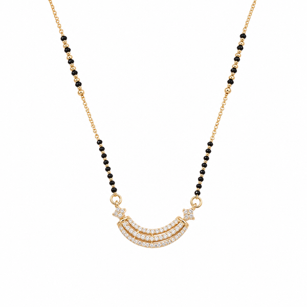 KZ Gold Plated Arc Bar Star CZ Mangalsutra for Women Black Bead Chain Crescent Pendant FS