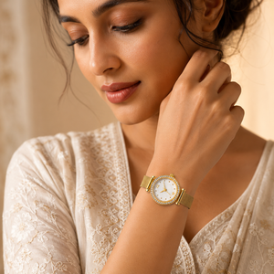 Watches Gold-Tone Round Dial Crystal Studded Bezel Mesh Bracelet Watch for Women