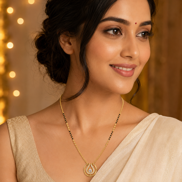 KZ Gold Plated Circle Teardrop Frame CZ Mangalsutra for Women Black Bead Chain Open Circle Pendant FS
