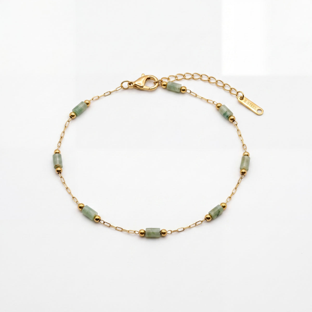 Gold Plated Green Oval Stone Station Delicate Chain Bracelet with Lobster Clasp