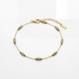 Gold Plated Green Oval Stone Station Delicate Chain Bracelet with Lobster Clasp