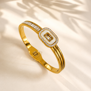 Gold Triple Rail Rectangular Solitaire Baguette Frame Kada for Women | Three Row Band Stainless Steel Ladies Bangle | Premium Festive Jewellery