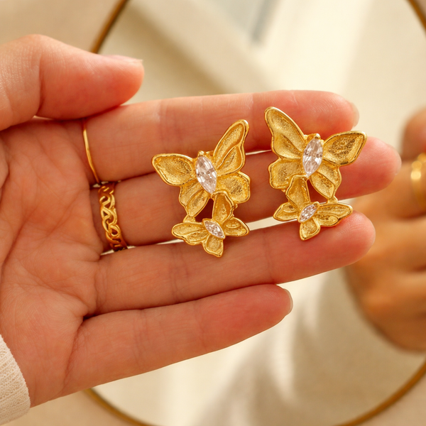 Anti-Tarnish Gold Plated Hanging 2 Butterfly Earrings - 1 Pair