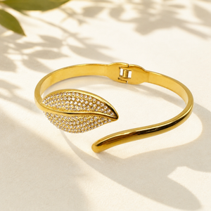 Gold Bright Satin Matte Diamond Oval Kada for Women | Dual Finish Stone Stainless Steel Ladies Bangle | Contemporary Festive Jewellery