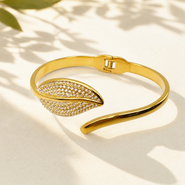 Gold Bright Satin Matte Diamond Oval Kada for Women | Dual Finish Stone Stainless Steel Ladies Bangle | Contemporary Festive Jewellery