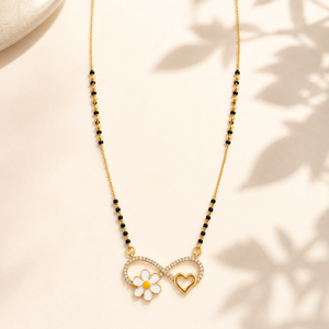KZ Gold Plated Infinity Flower Heart CZ Mangalsutra for Women Black Bead Chain Enamel Daisy Pendant FS