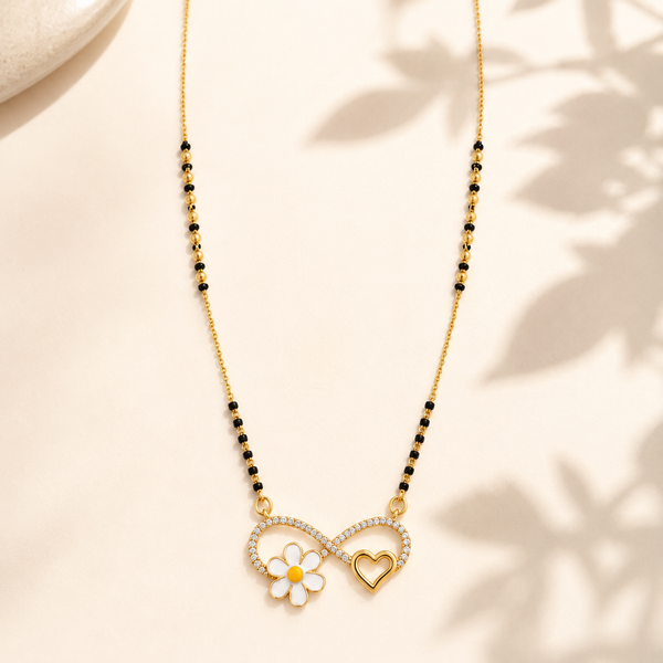 KZ Gold Plated Infinity Flower Heart CZ Mangalsutra for Women Black Bead Chain Enamel Daisy Pendant FS