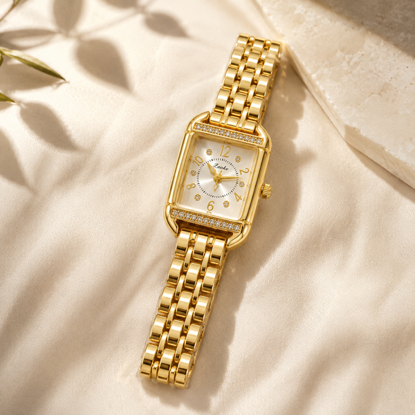 Watches Gold-Tone Rectangular Dial Crystal Studded Bezel Bracelet Watch for Women