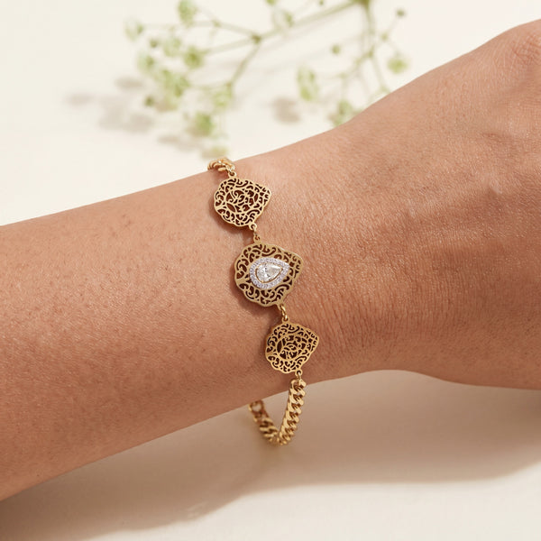 Gold Plated Chain Bracelet with Three Rhombus Filigree Medallion Stations and White Stone Centers