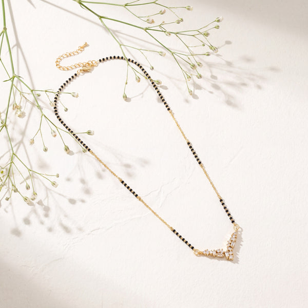 KZ Gold Plated V Chevron Multi Stone CZ Mangalsutra for Women Black Bead Chain Cluster Pendant FS