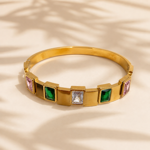 Gold Multicolor Gemstone Panel Oval Kada for Women | Pink Green White Stone Stainless Steel Ladies Bangle | Vibrant Festive Jewellery