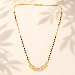 KZ Gold Plated Oval Link Chain CZ Mangalsutra for Women Black Bead Chain Connected Oval Pendant FS
