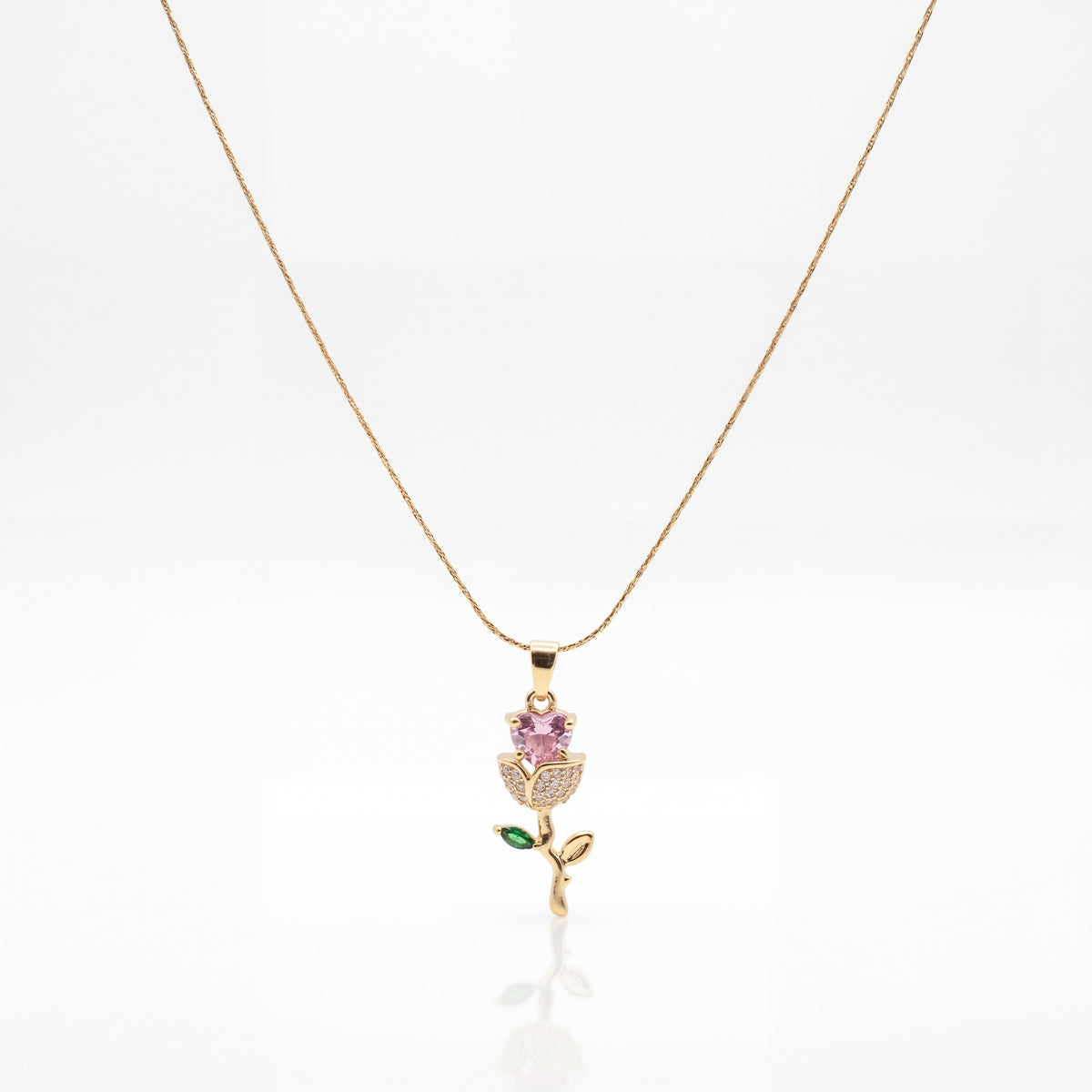 Gold Pink Enamel Rose Flower Pendant Chain Anti-Tarnish Necklace
