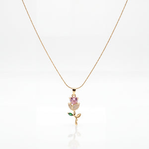 Gold Pink Enamel Rose Flower Pendant Chain Anti-Tarnish Necklace