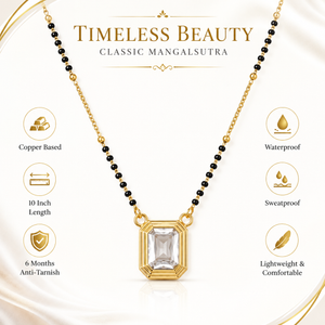 KZ Gold Plated Emerald Cut CZ Solitaire Mangalsutra for Women Black Bead Chain Rectangular Pendant FS