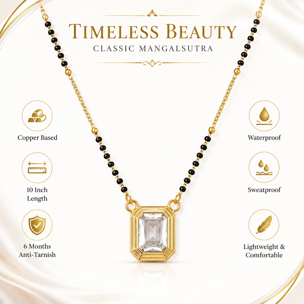 KZ Gold Plated Emerald Cut CZ Solitaire Mangalsutra for Women Black Bead Chain Rectangular Pendant FS