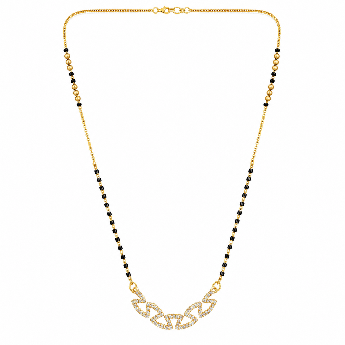 KZ Gold Plated Oval Link Chain CZ Mangalsutra for Women Black Bead Chain Connected Oval Pendant FS