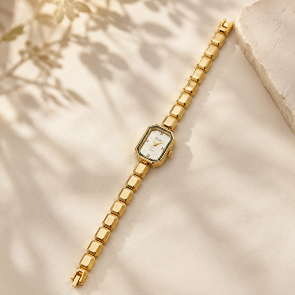 Watches Gold-Tone Rectangular Dial Brick Link Bracelet Watch for Women