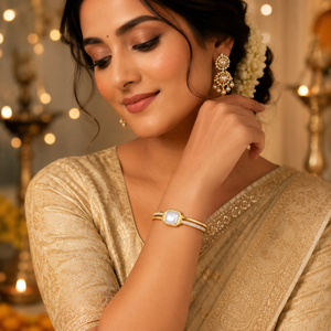 Gold Princess Panel Diamond Oval Kada for Women | Square Stone Panel Stainless Steel Ladies Bangle | Bold Design Jewellery