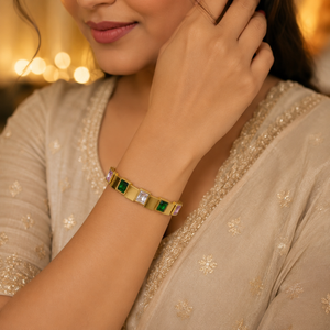 Gold Multicolor Gemstone Panel Oval Kada for Women | Pink Green White Stone Stainless Steel Ladies Bangle | Vibrant Festive Jewellery