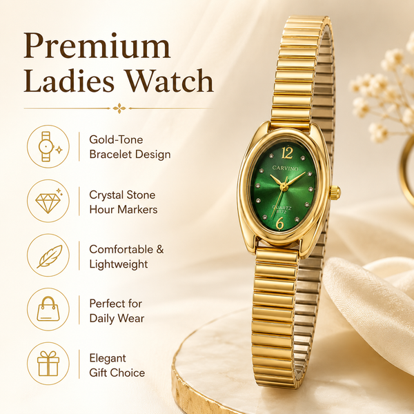 Watches Gold-Tone Oval Green Dial Classic Stretch Bracelet Watch for Women