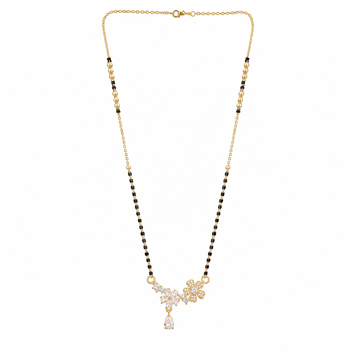 KZ Gold Plated Floral Marquise CZ Mangalsutra for Women Black Bead Chain Butterfly Pear Drop Pendant FS