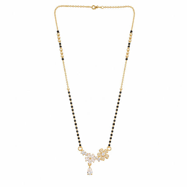 KZ Gold Plated Floral Marquise CZ Mangalsutra for Women Black Bead Chain Butterfly Pear Drop Pendant FS
