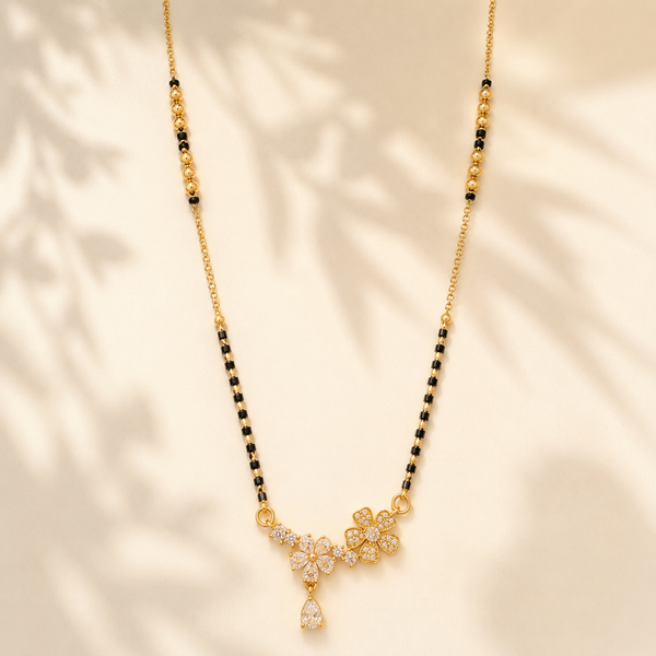 KZ Gold Plated Floral Marquise CZ Mangalsutra for Women Black Bead Chain Butterfly Pear Drop Pendant FS