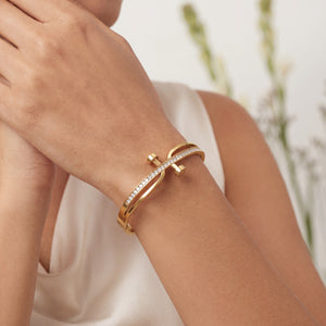 Bypass Open Pave CZ Bezel Tip Baby Kada Bangle | Gold Plated Slim Cuff Bracelet for Women