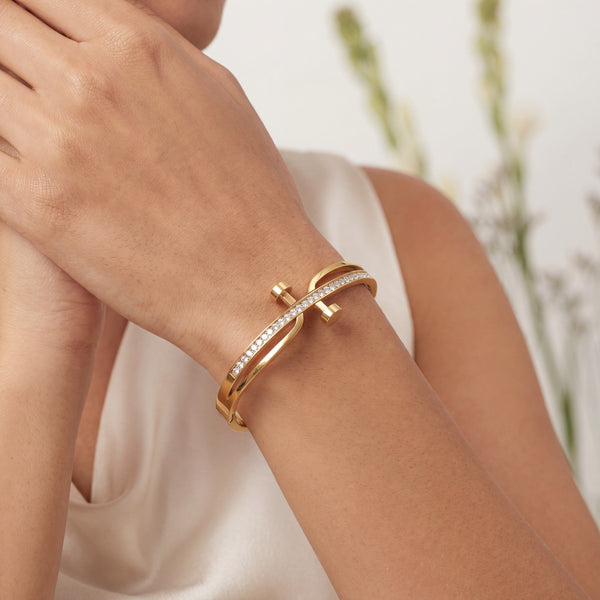 Bypass Open Pave CZ Bezel Tip Baby Kada Bangle | Gold Plated Slim Cuff Bracelet for Women