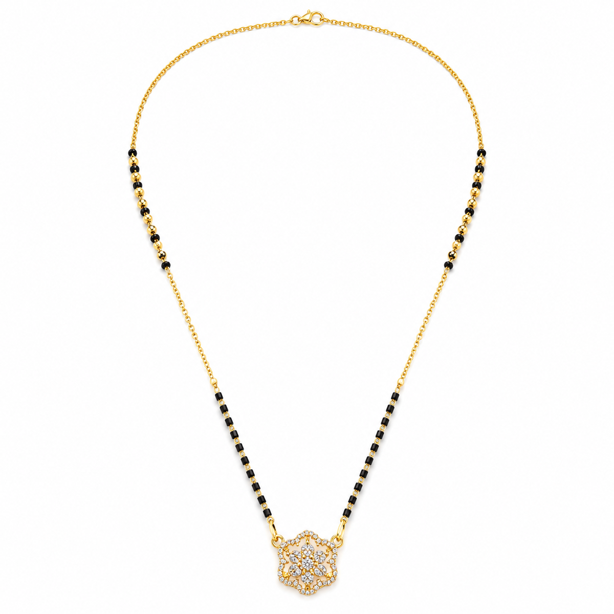 KZ Gold Plated Hexagonal Rosette CZ Mangalsutra for Women Black Bead Chain Geometric Cluster Pendant FS