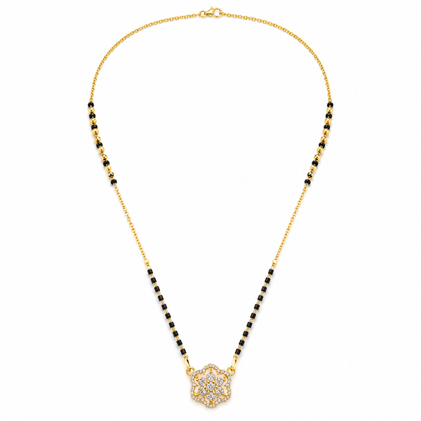 KZ Gold Plated Hexagonal Rosette CZ Mangalsutra for Women Black Bead Chain Geometric Cluster Pendant FS