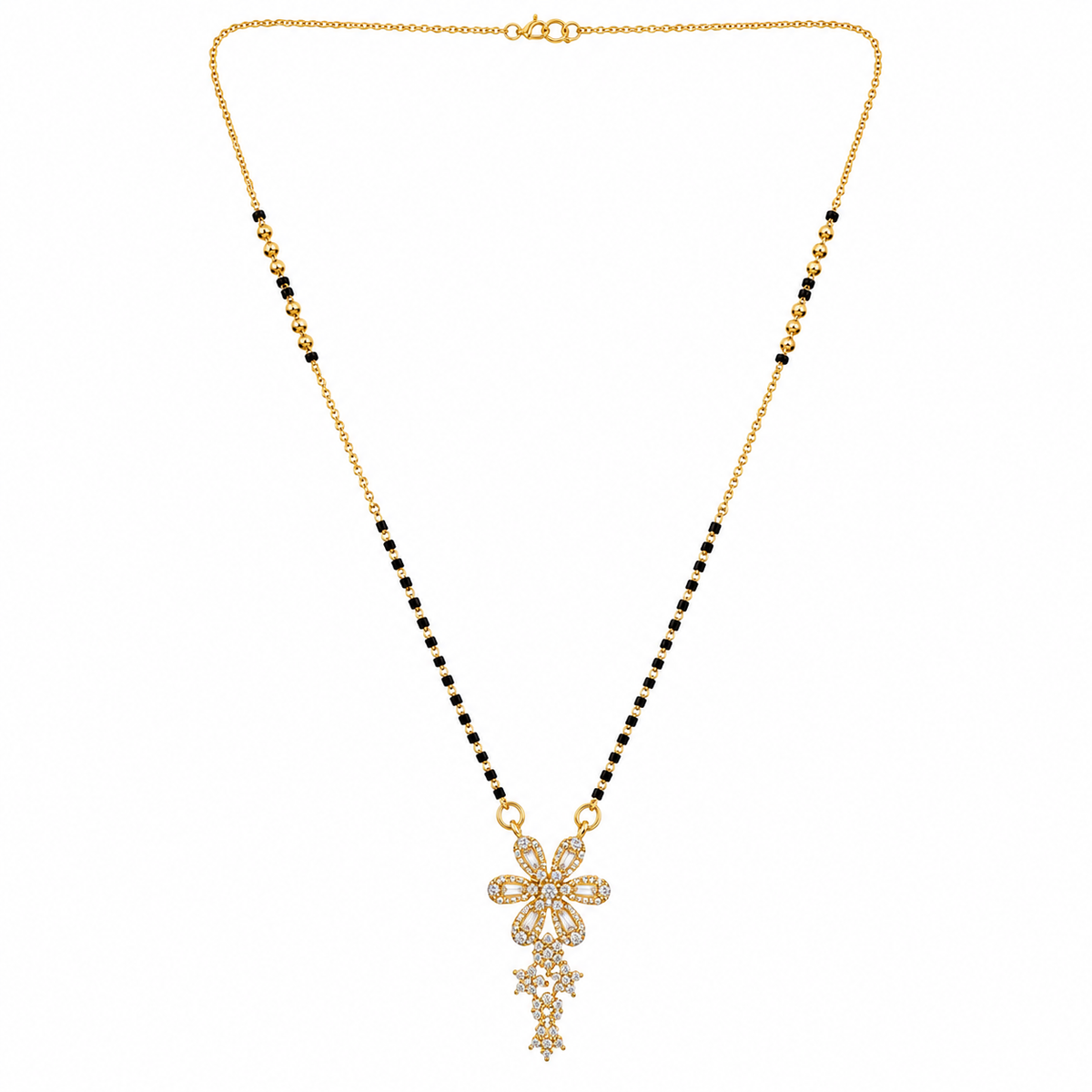 KZ Gold Plated Bow Star Drop CZ Mangalsutra for Women Black Bead Chain Ribbon Star Pendant FS