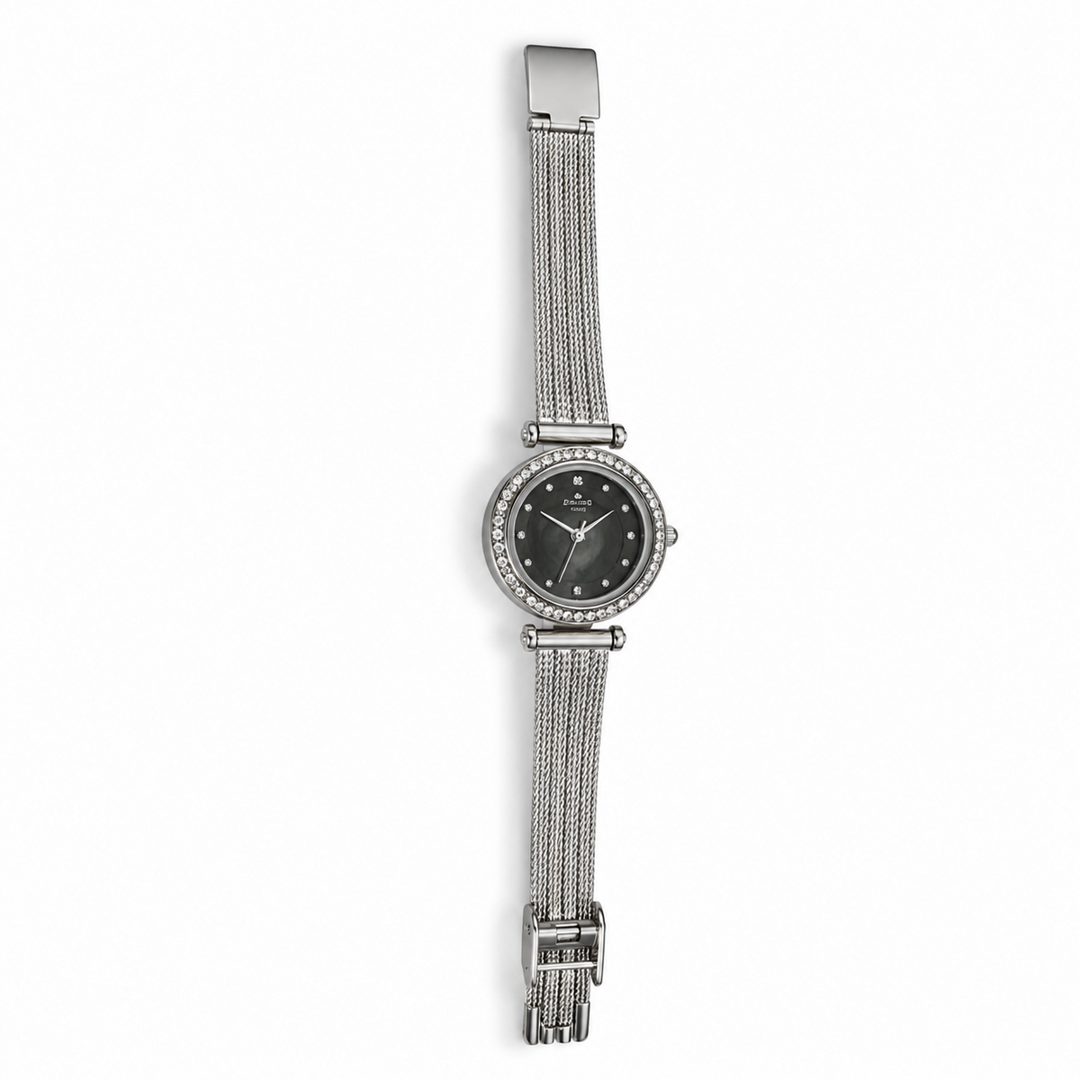 Watches Silver-Tone Round Black Dial Crystal Studded Bezel Bracelet Watch for Women