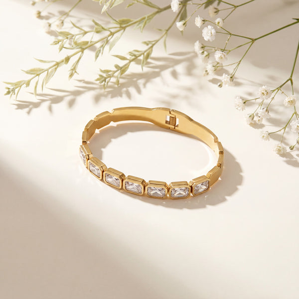 Princess Cut Bezel CZ Eternity Baby Kada Bangle | Gold Plated Five Stone Statement Bracelet for Women