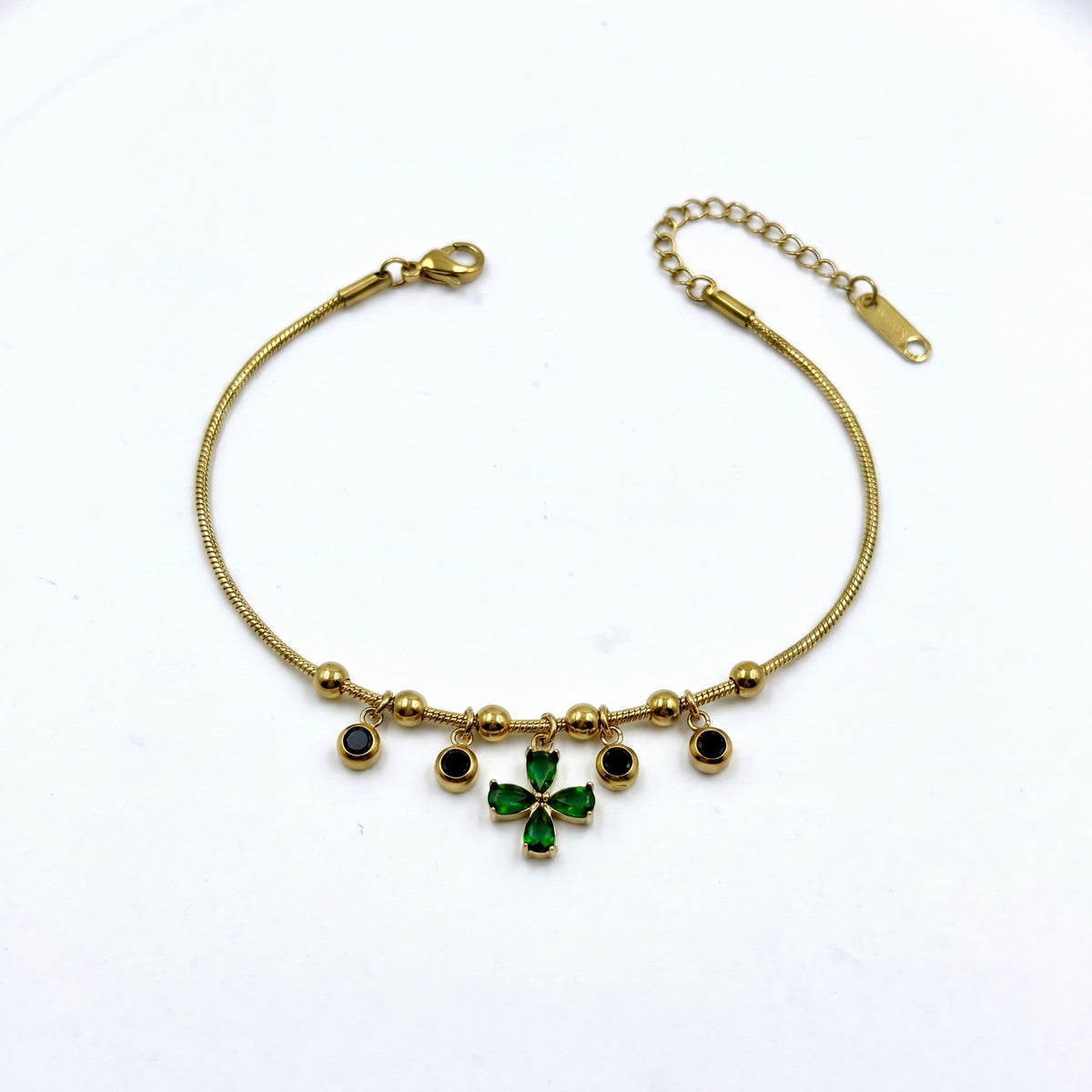 Gold Plated Snake Chain Bracelet with Green Clover and Black Stone Charm Cluster