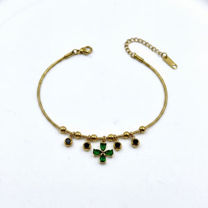 Gold Plated Snake Chain Bracelet with Green Clover and Black Stone Charm Cluster